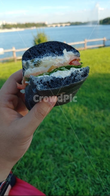 치아바타,샌드위치,먹물빵,피크닉,잔디,공원,sandwitch,bread,빵,호수공원