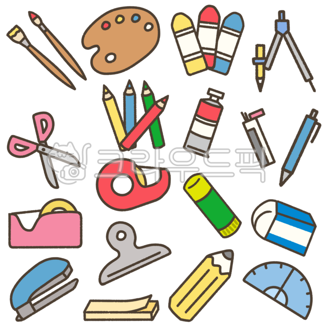 문구,문방구,준비물,새학기준비물,초등학교,학용품,일러스트,손그림,아기자기한,심플한,연필,지우개,샤프,팔레트,물감,수채화,테이프,클립,스테이플러,메모지,색연필,크레파스,딱풀,접착제,콤파스,각도기